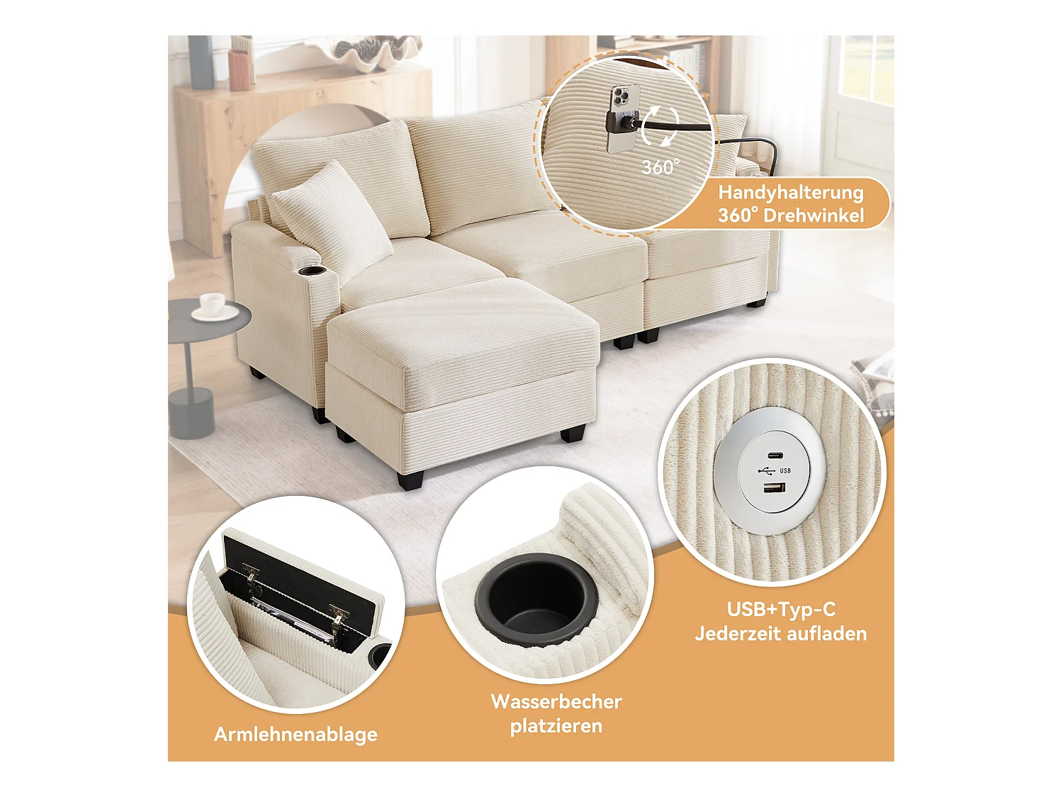 L-vormige hoekbank, 3-zits slaapbank met voetenbank, bekerhouder, USB-oplader, armleuning en 2 kussens (213,5x139x87 cm)