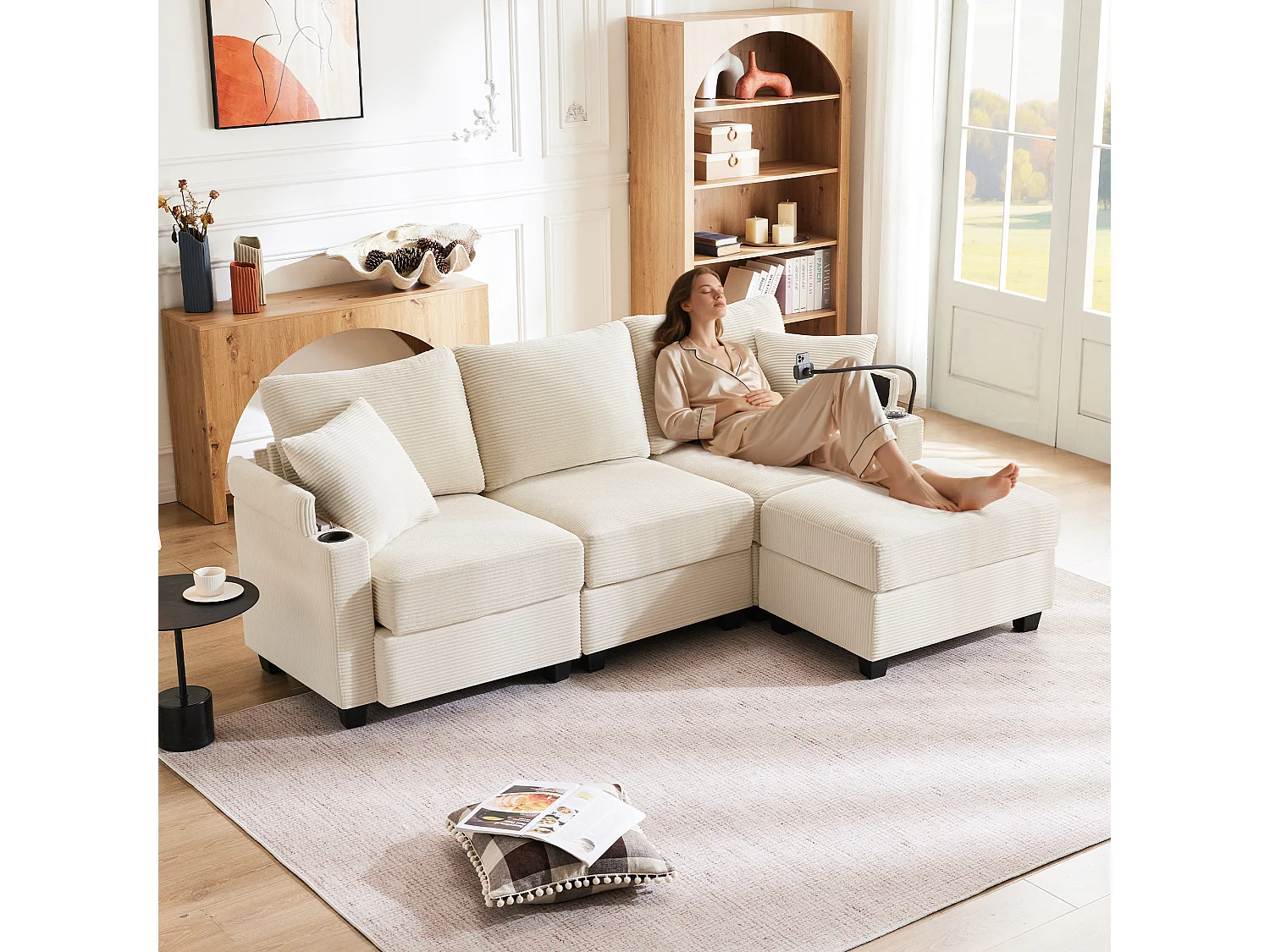 Canapé d'angle L, canapé 3 places convertible avec pouf, porte-gobelet, chargeur USB, support de bras et 2 coussins (213.5x139x87 cm)