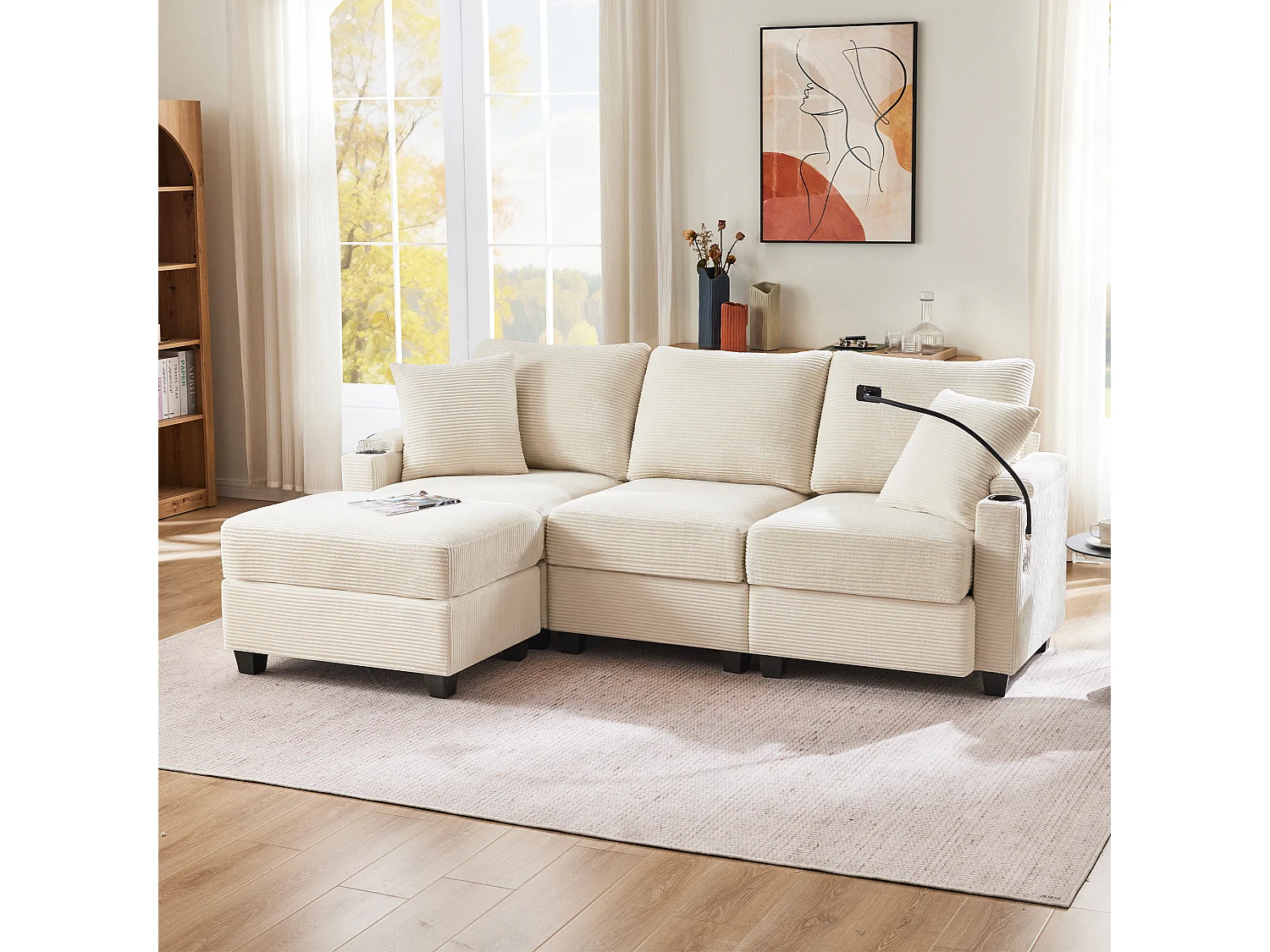 Canapé d'angle L, canapé 3 places convertible avec pouf, porte-gobelet, chargeur USB, support de bras et 2 coussins (213.5x139x87 cm)