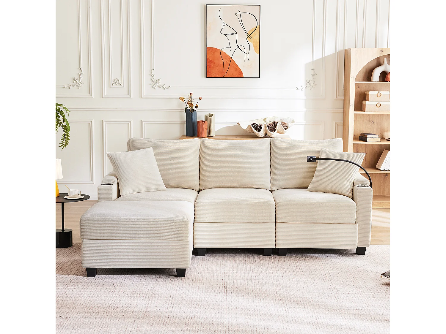 Canapé d'angle L, canapé 3 places convertible avec pouf, porte-gobelet, chargeur USB, support de bras et 2 coussins (213.5x139x87 cm)