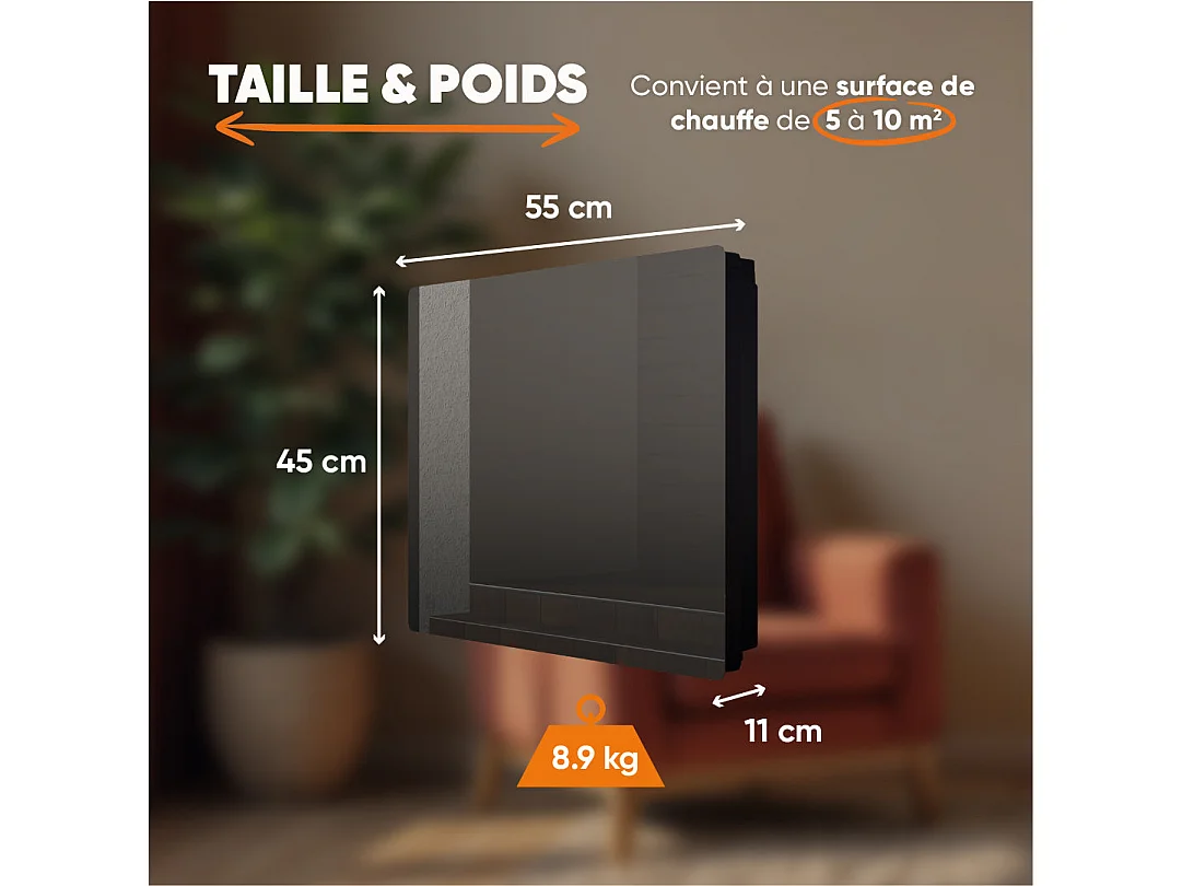 Radiateur électrique fixe à inertie sèche céramique façade en verre 1000W Bestherm IRIS horizontal noir