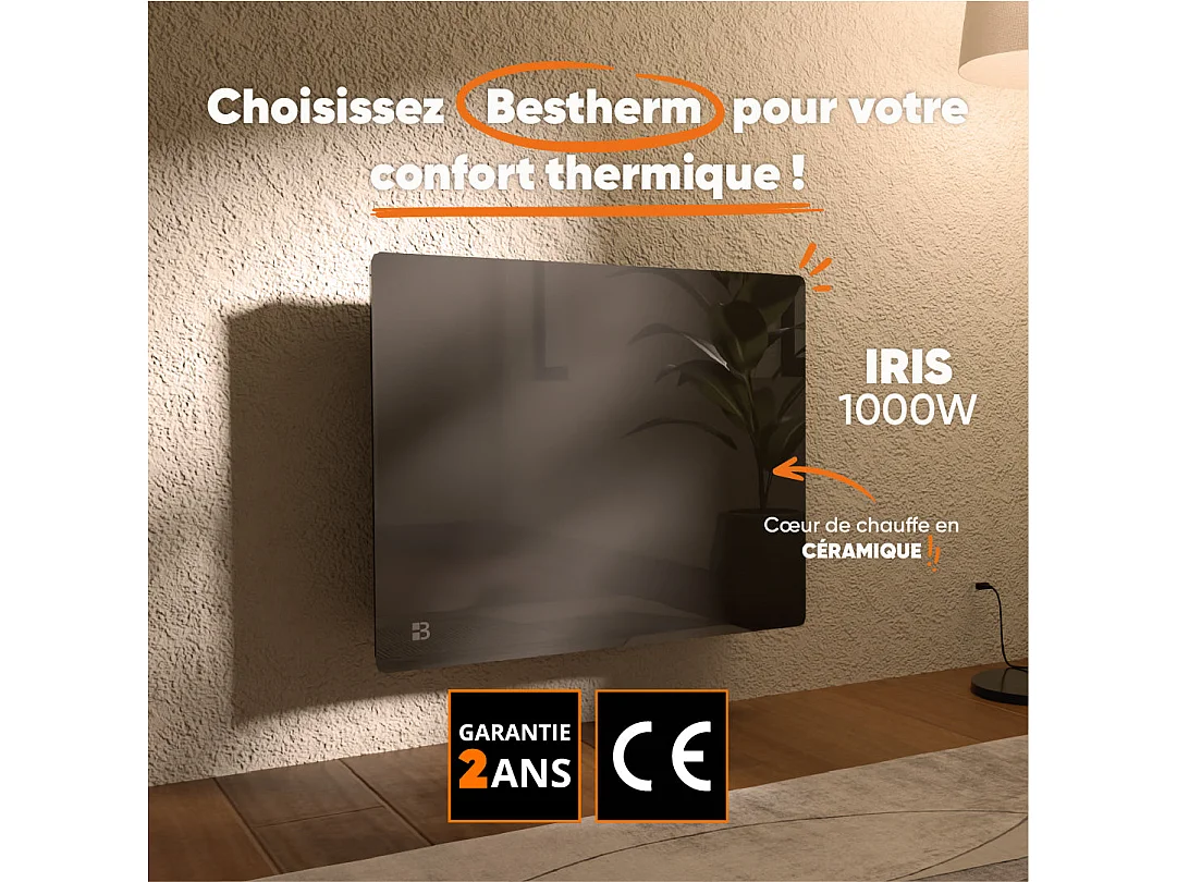 Radiateur électrique fixe à inertie sèche céramique façade en verre 1000W Bestherm IRIS horizontal noir