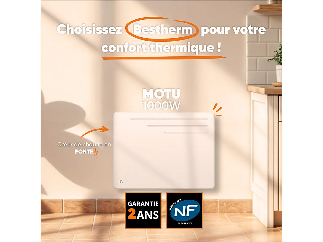 Radiateur électrique fixe à inertie sèche fonte 1000W Bestherm MOTU horizontal blanc