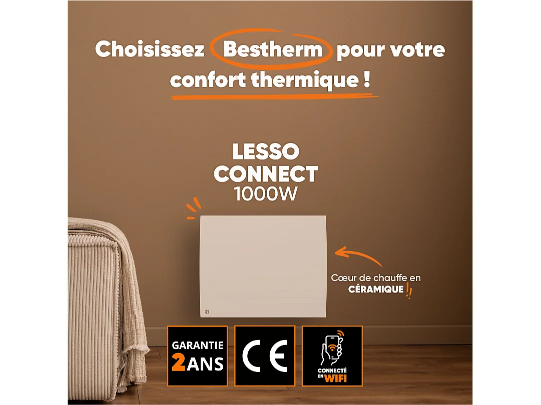 Radiateur électrique fixe connecté WIFI à inertie sèche céramique 1000W Bestherm LESSO CONNECT horizontal blanc