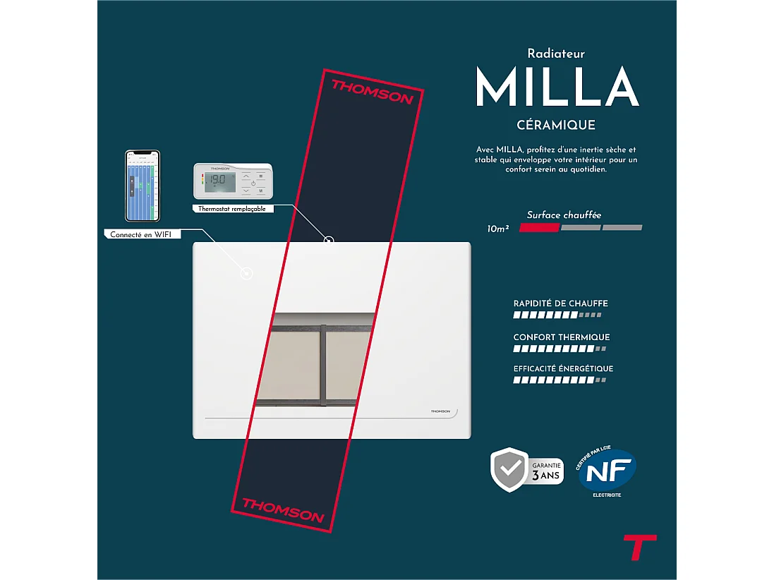 Radiateur électrique fixe connecté WiFi à inertie sèche céramique avec thermostat interchangeable 1000W THOMSON MILLA horizontal blanc