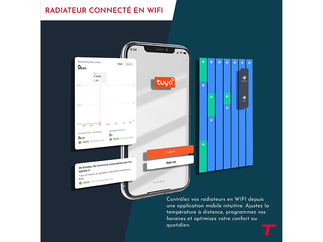 Radiateur électrique fixe connecté WiFi à inertie sèche céramique avec thermostat interchangeable 1000W THOMSON MILLA horizontal blanc