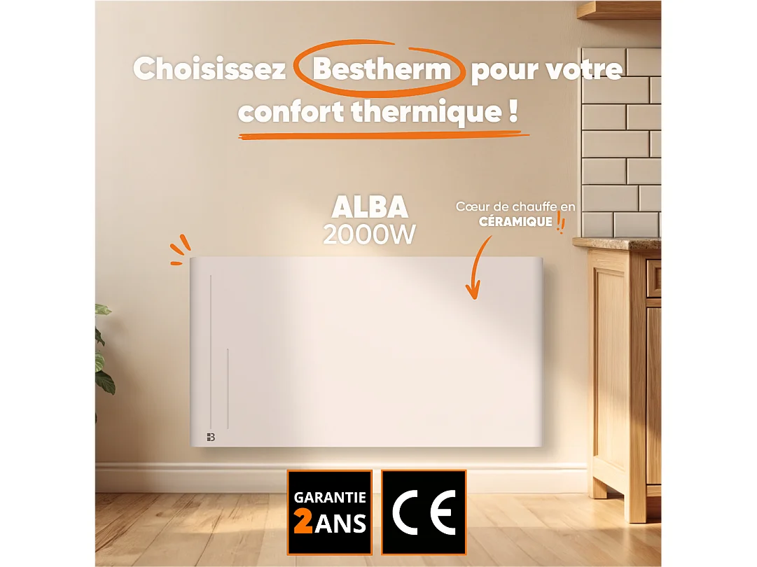 Radiateur électrique fixe à inertie sèche céramique 2000W Bestherm ALBA horizontal blanc