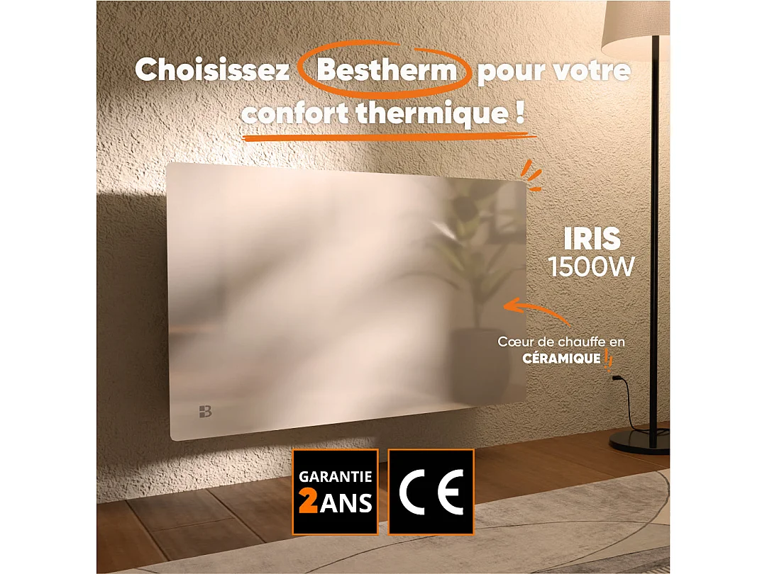 Radiateur électrique fixe à inertie sèche céramique façade en verre 1500W Bestherm IRIS horizontal blanc