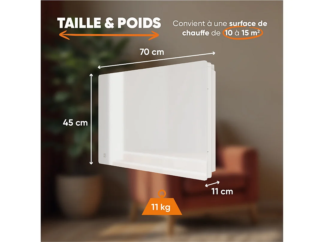 Radiateur électrique fixe à inertie sèche céramique façade en verre 1500W Bestherm IRIS horizontal blanc