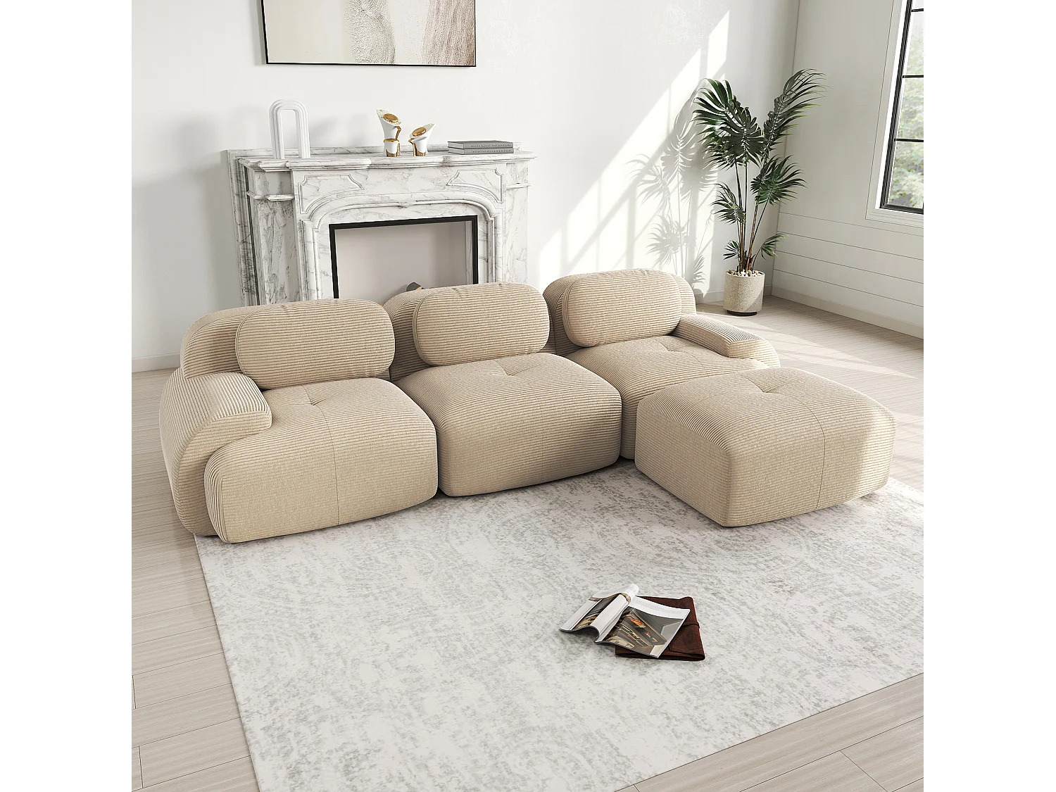 Modulaire hoekbank, Corduroy stof, ergonomisch, extra brede armleuningen, beige (Afmetingen: 210x90x85 cm)