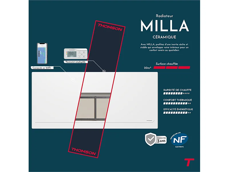 Radiateur électrique fixe connecté WiFi à inertie sèche céramique avec thermostat interchangeable 1500W THOMSON MILLA horizontal blanc