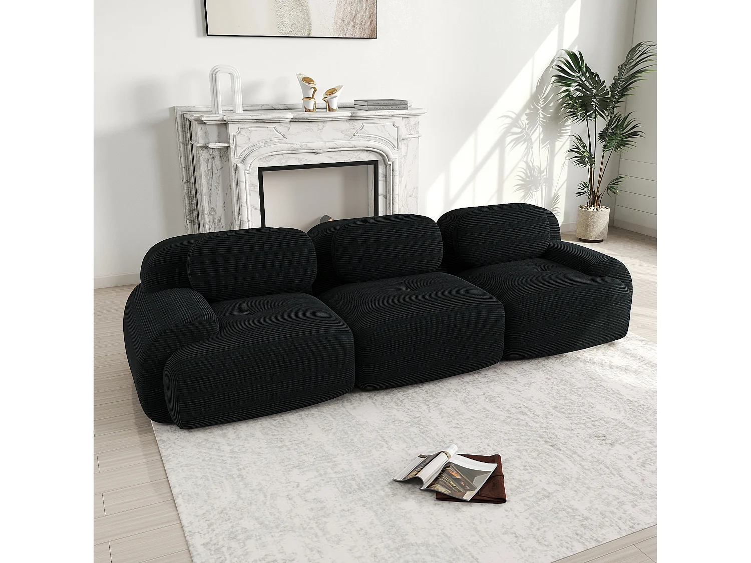 3-zits corduroy bank, modulair, antislip, geen montage nodig, ergonomische armleuningen, koudschuim, zwart (210x85x80 cm)
