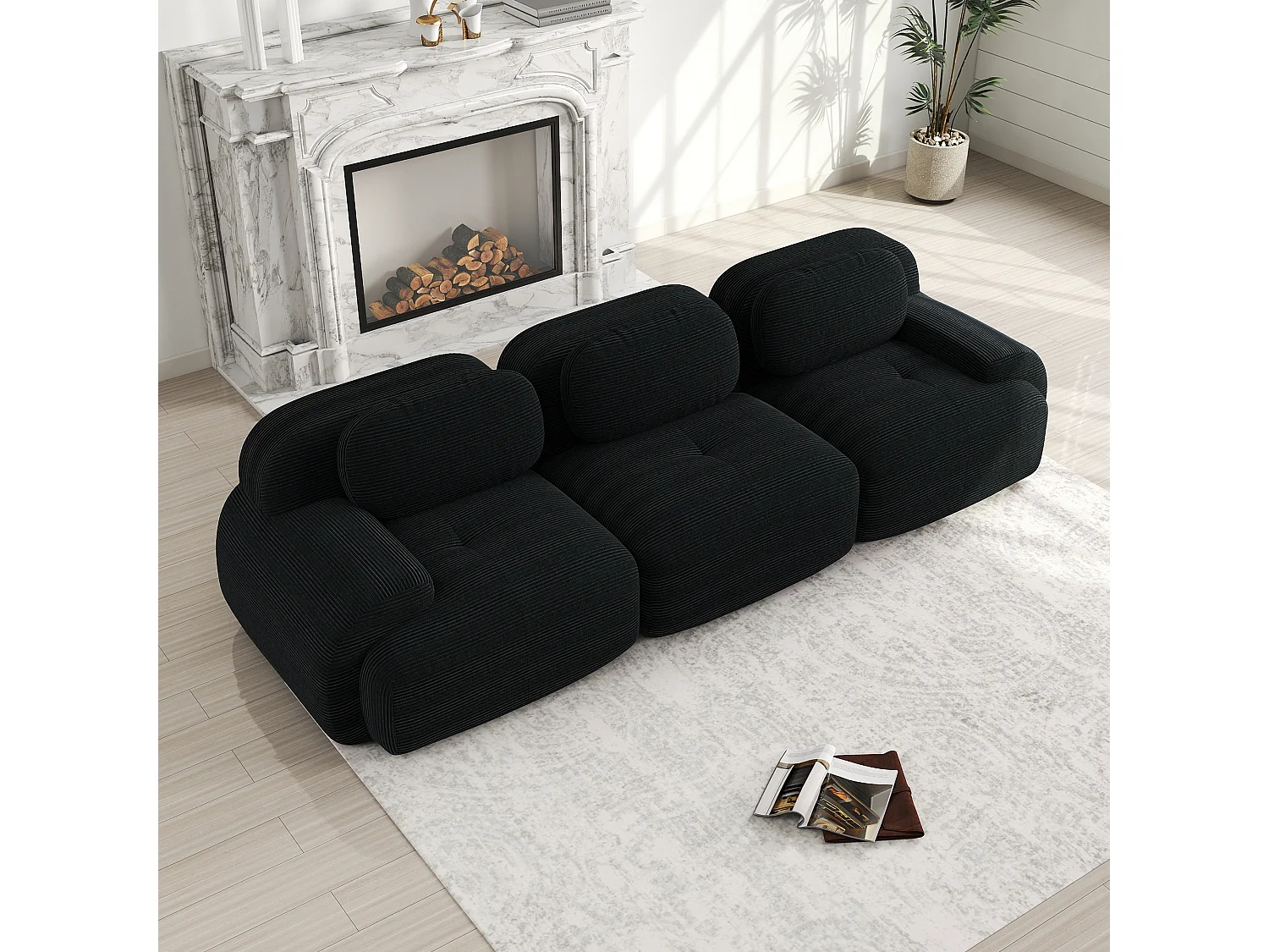 3-zits corduroy bank, modulair, antislip, geen montage nodig, ergonomische armleuningen, koudschuim, zwart (210x85x80 cm)