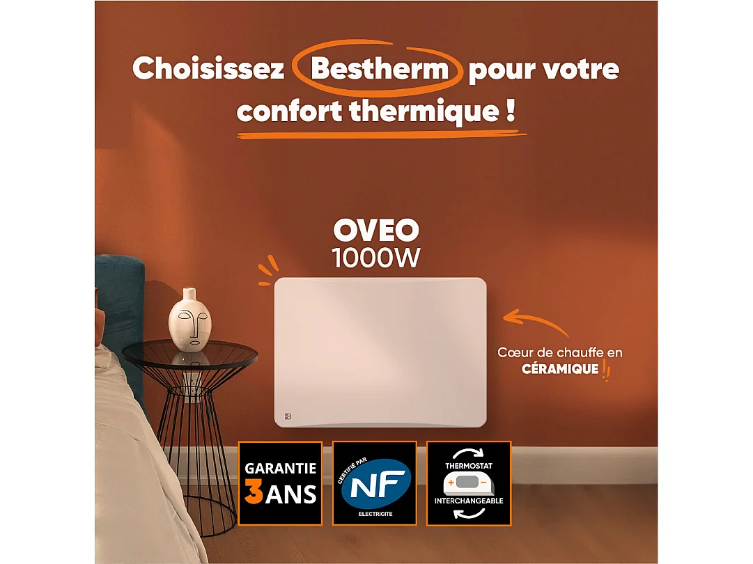 Radiateur électrique fixe à inertie sèche céramique avec thermostat interchangeable 1000W  Bestherm OVEO horizontal blanc