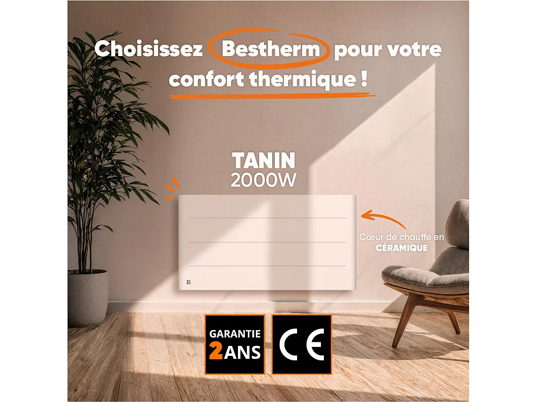 Radiateur électrique fixe à inertie sèche céramique 2000W Bestherm TANIN horizontal blanc