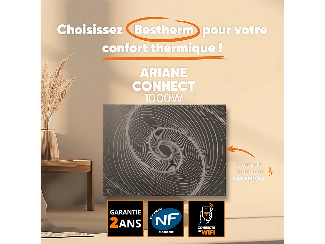 Radiateur électrique fixe connecté WIFI à inertie sèche céramique 1000W Bestherm ARIANE CONNECT Design horizontal noir