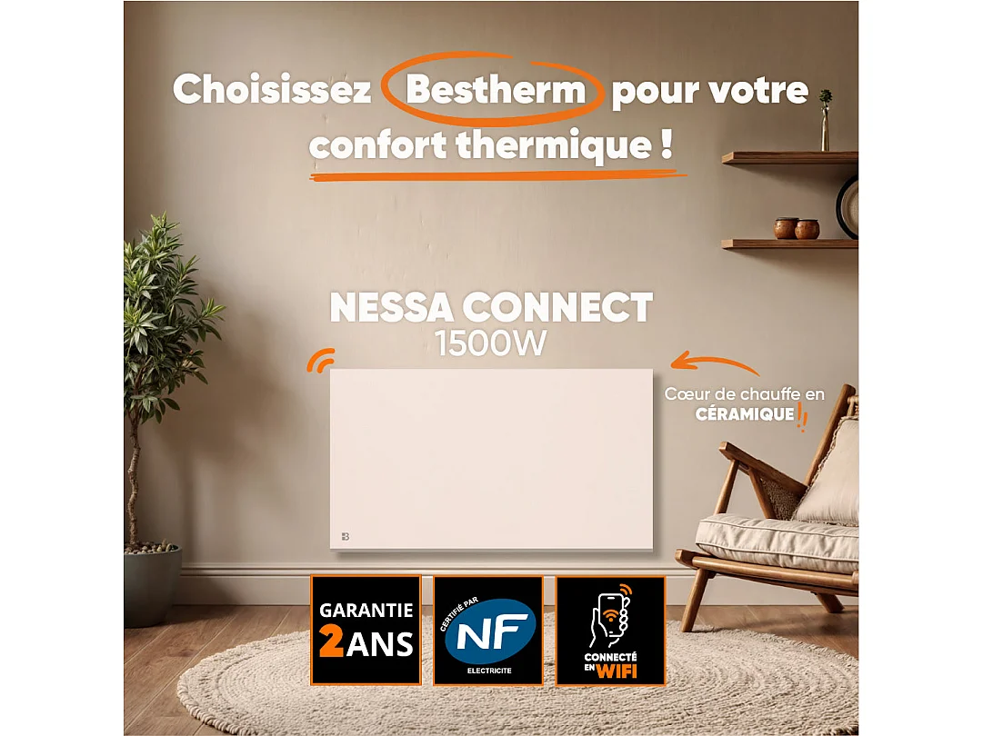 Radiateur électrique fixe connecté WIFI à inertie sèche céramique 1500W Bestherm NESSA CONNECT horizontal blanc