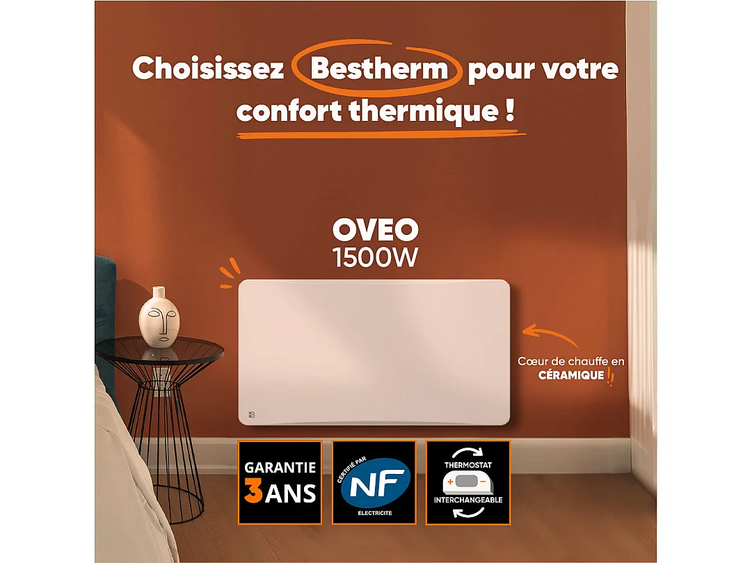 Radiateur électrique fixe à inertie sèche céramique avec thermostat interchangeable 1500W Bestherm OVEO horizontal blanc