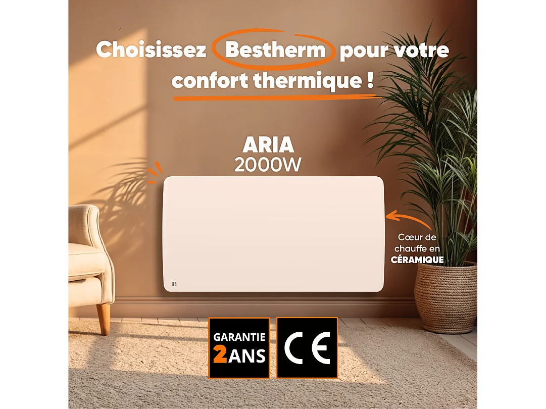 Radiateur électrique fixe à inertie sèche céramique 2000W Bestherm ARIA horizontal blanc