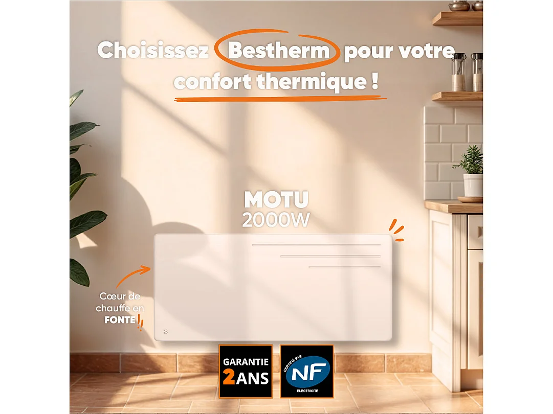 Radiateur électrique fixe à inertie sèche fonte 2000W Bestherm MOTU horizontal blanc