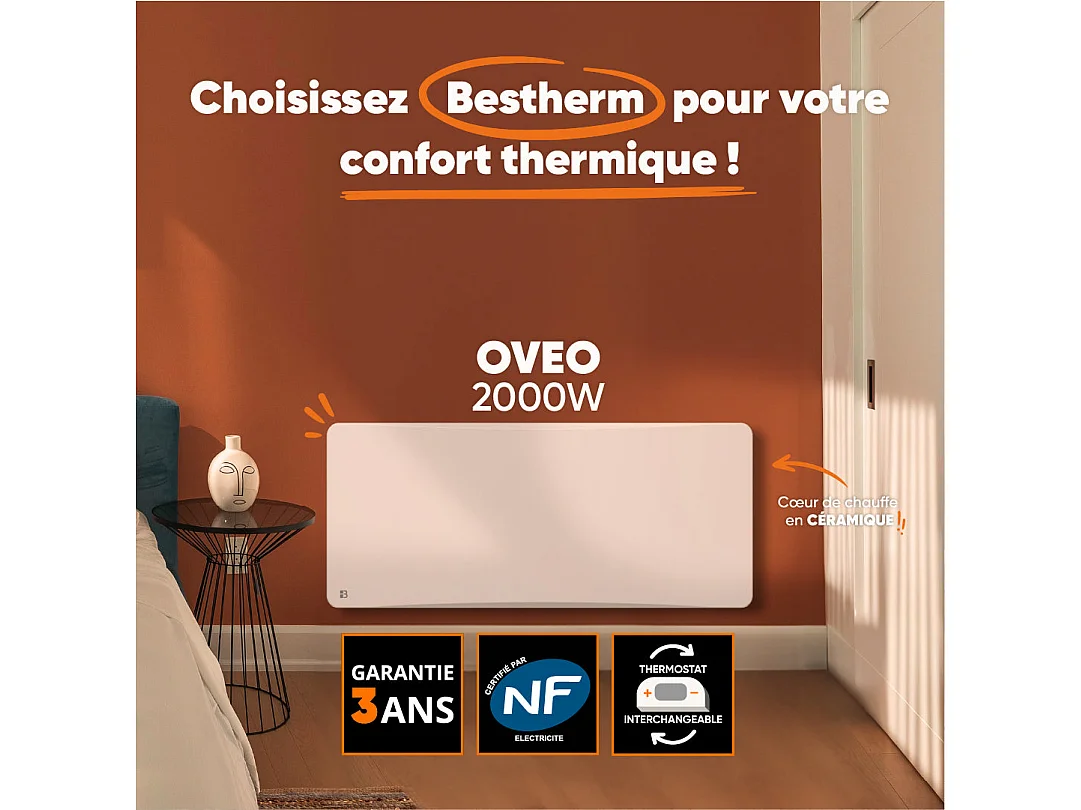 Radiateur électrique fixe à inertie sèche céramique avec thermostat interchangeable 2000W Bestherm OVEO horizontal blanc
