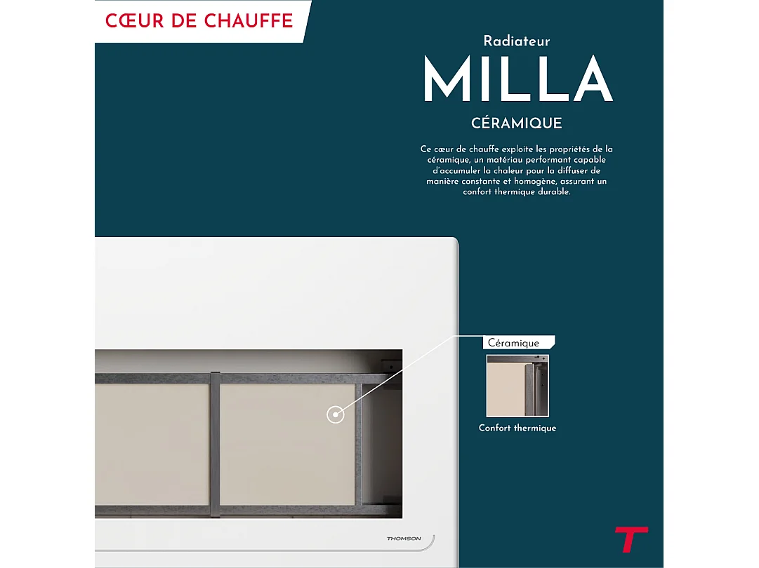 Radiateur électrique fixe connecté WiFi à inertie sèche céramique avec thermostat interchangeable 2000W THOMSON MILLA horizontal blanc