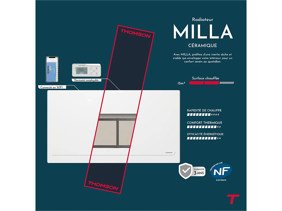Radiateur électrique fixe connecté WiFi à inertie sèche céramique avec thermostat interchangeable 2000W THOMSON MILLA horizontal blanc