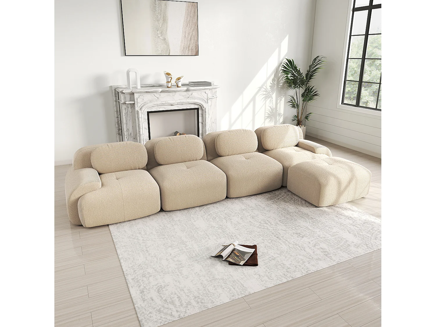 4-zits hoekbank, Chaiselongue, Corduroy stof, rutschfest, beige (Afmetingen: 220x90x85 cm)