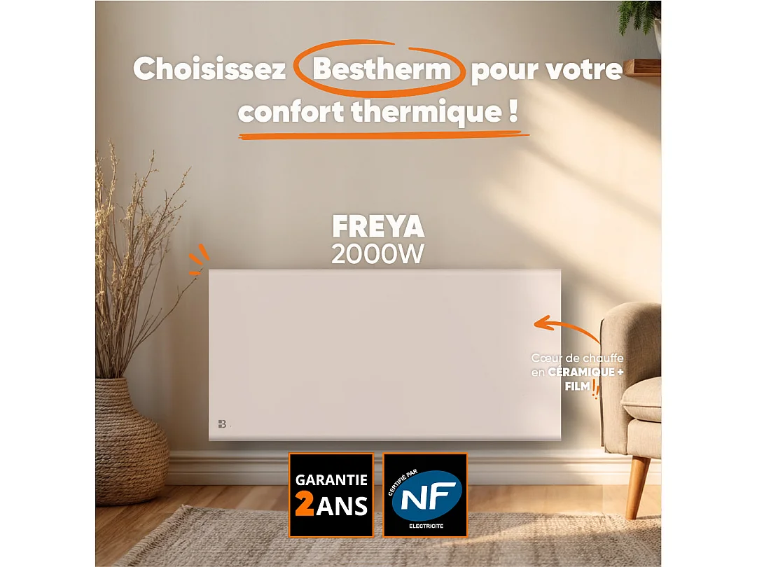 Radiateur électrique fixe à inertie sèche céramique+film 2000W Bestherm FREYA horizontal blanc
