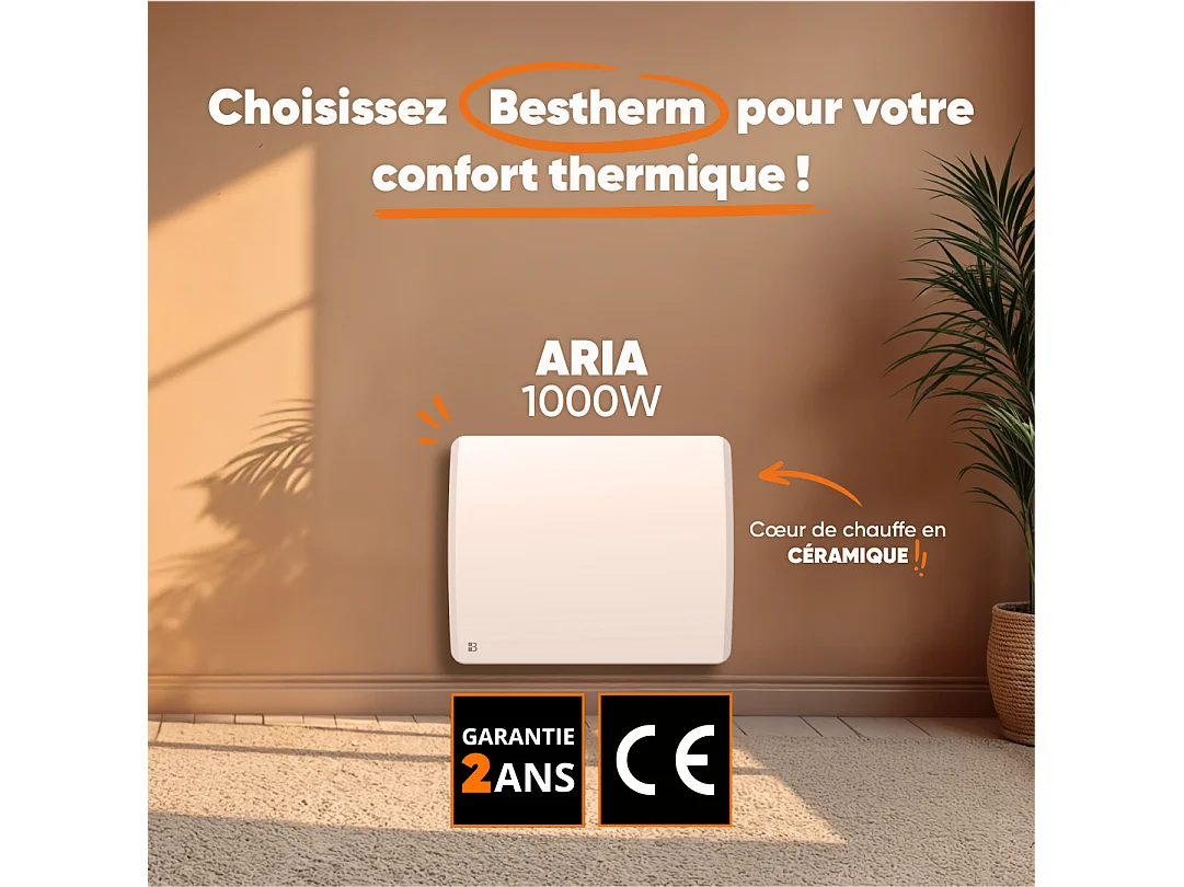 Radiateur électrique fixe à inertie sèche céramique 1000W Bestherm ARIA horizontal blanc