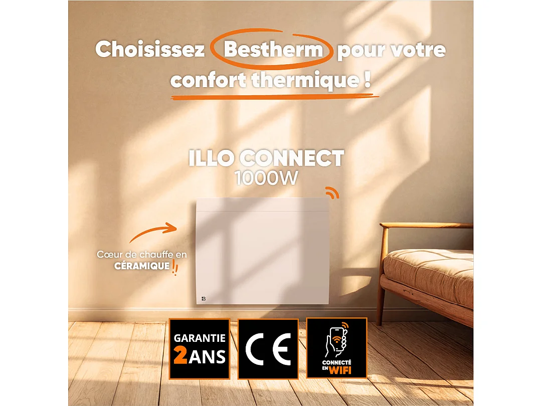 Radiateur électrique fixe connecté WIFI à inertie sèche céramique 1000W Bestherm ILLO CONNECT horizontal blanc