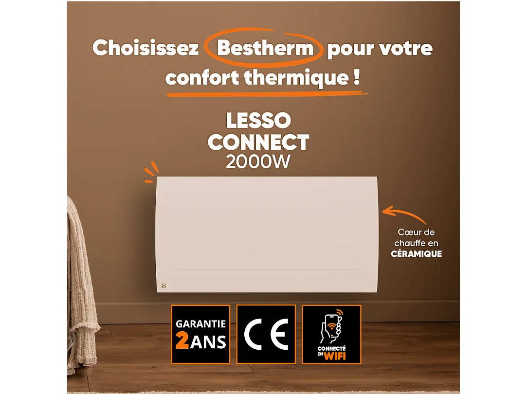 Radiateur électrique fixe connecté WIFI à inertie sèche céramique 2000W Bestherm LESSO CONNECT horizontal blanc