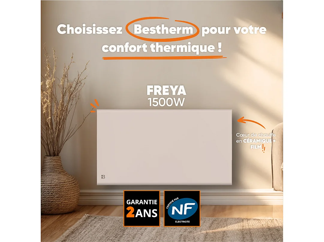 Radiateur électrique fixe à inertie sèche céramique+film 1500W Bestherm FREYA horizontal blanc