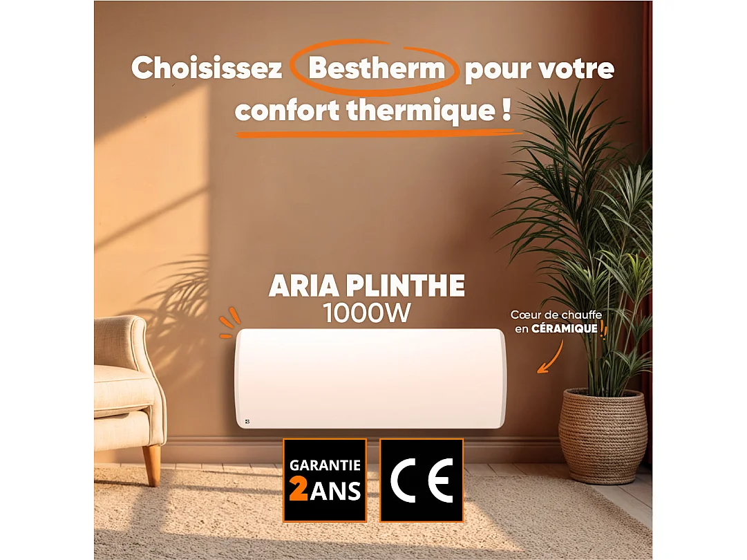 Radiateur électrique fixe à inertie sèche céramique 1000W Bestherm ARIA plinthe blanc