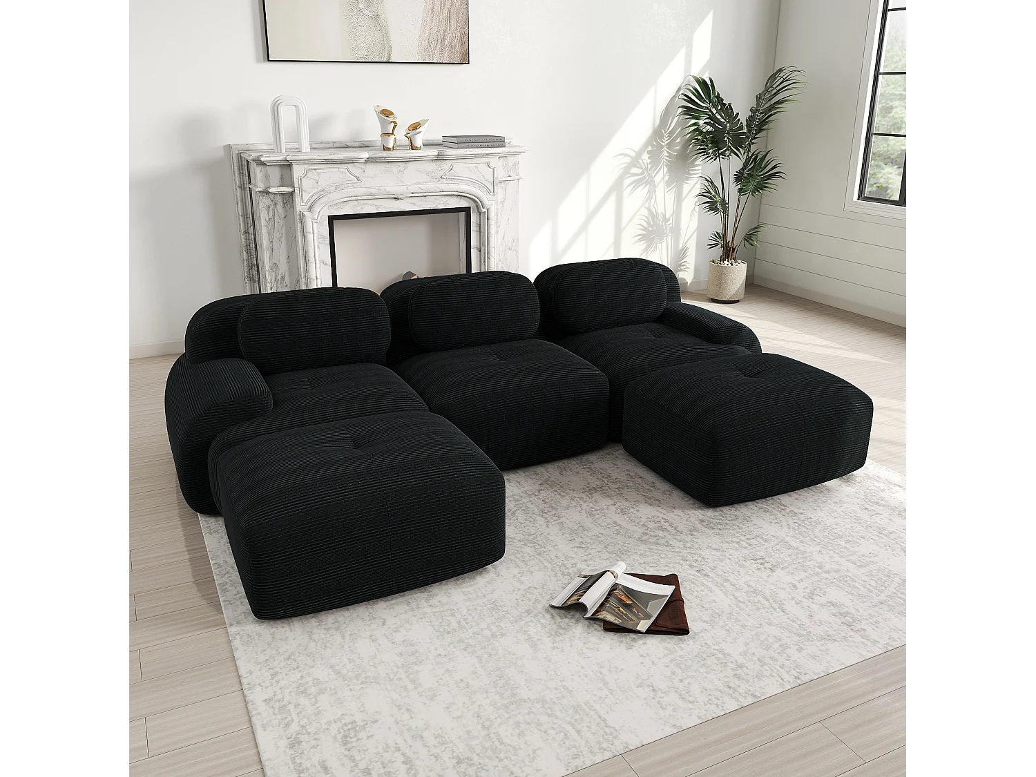 Modulaire U-vormige bank, geen montage nodig, comfortabel, corduroy, extra brede armleuningen, koudschuim, zwart (270x95x85 cm)