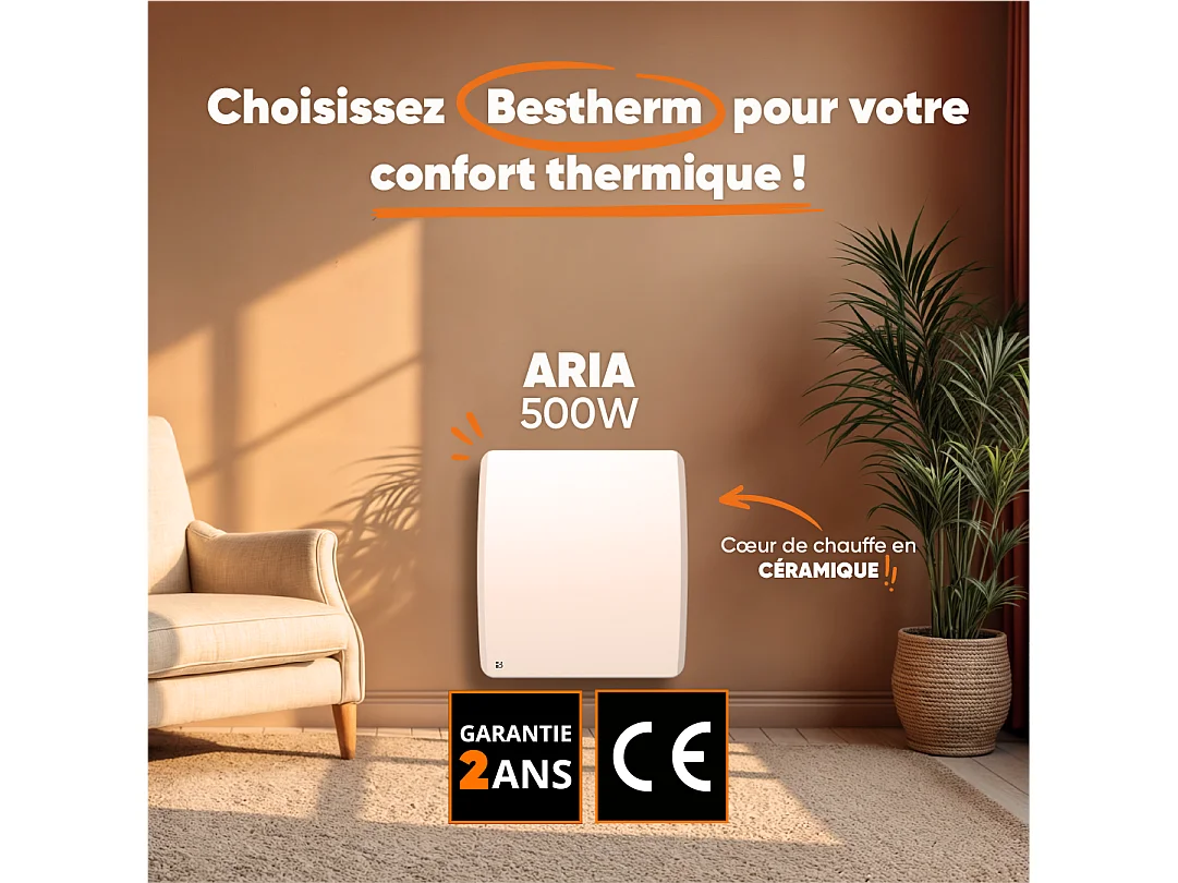 Radiateur électrique fixe à inertie sèche céramique 500W Bestherm ARIA horizontal blanc