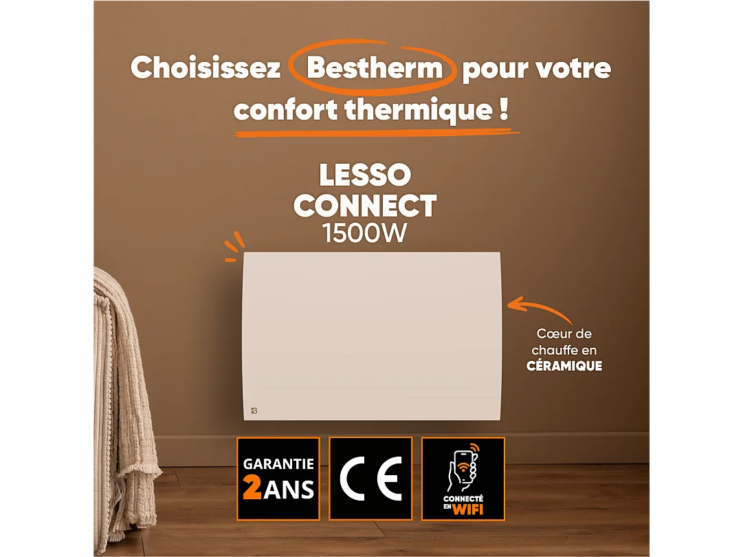 Radiateur électrique fixe connecté WIFI à inertie sèche céramique 1500W Bestherm LESSO CONNECT horizontal blanc