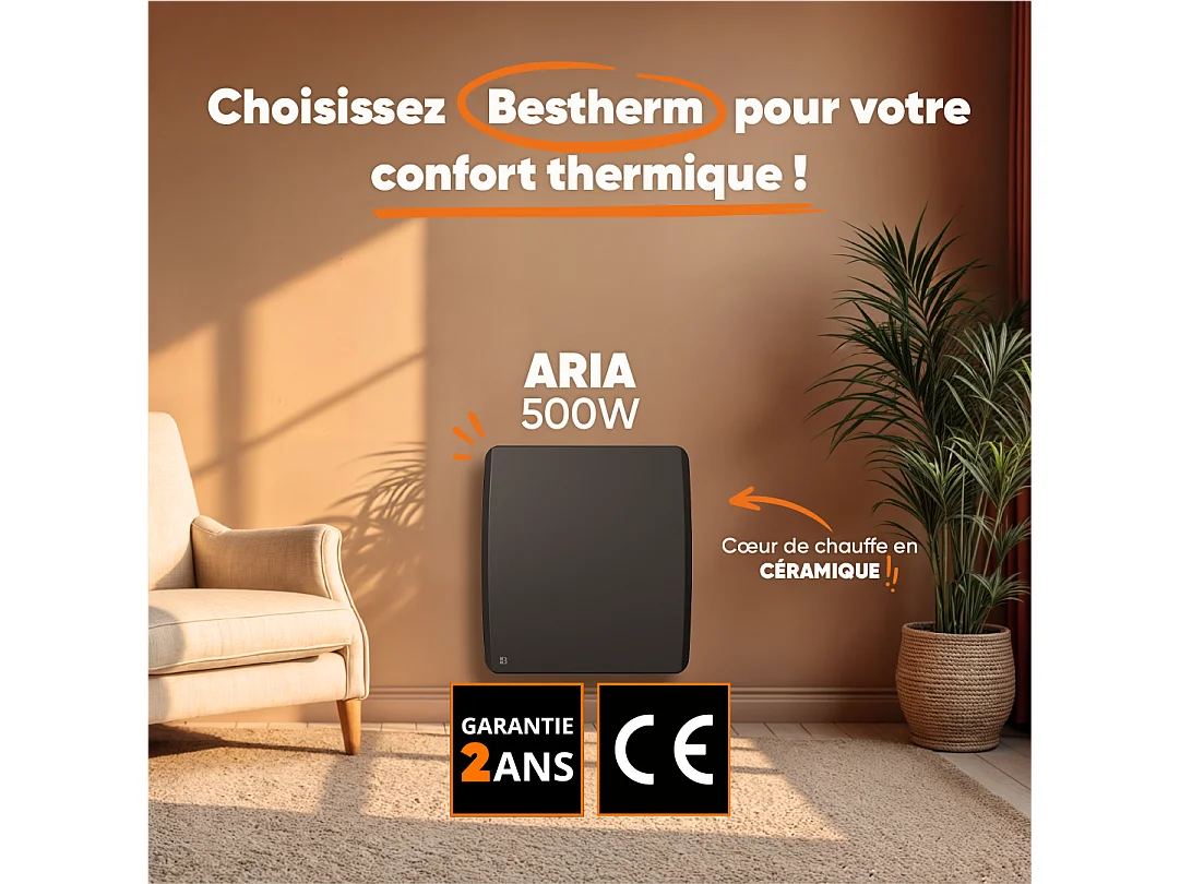 Radiateur électrique fixe à inertie sèche céramique 500W Bestherm ARIA horizontal noir