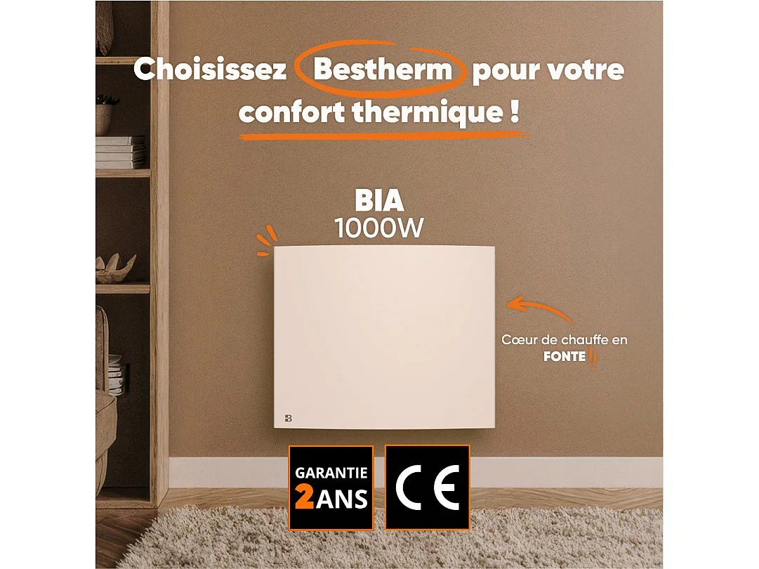 Radiateur électrique fixe à inertie sèche fonte 1000W Bestherm BIA horizontal blanc