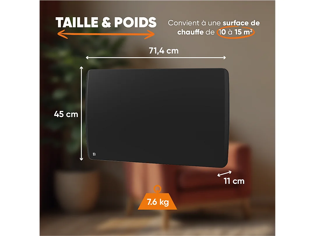 Radiateur électrique fixe à inertie sèche céramique 1500W Bestherm ARIA horizontal noir