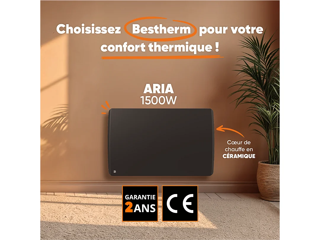 Radiateur électrique fixe à inertie sèche céramique 1500W Bestherm ARIA horizontal noir