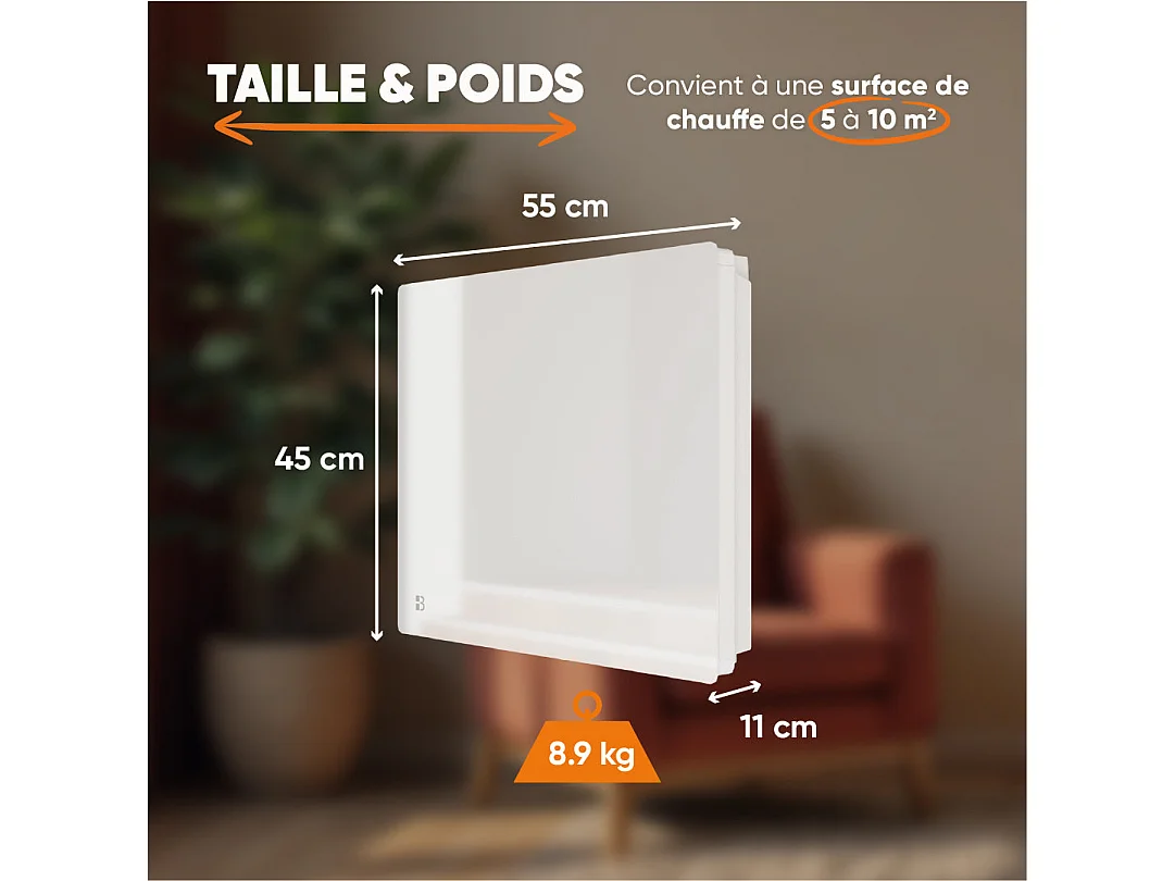 Radiateur électrique fixe à inertie sèche céramique façade en verre 1000W Bestherm IRIS horizontal blanc