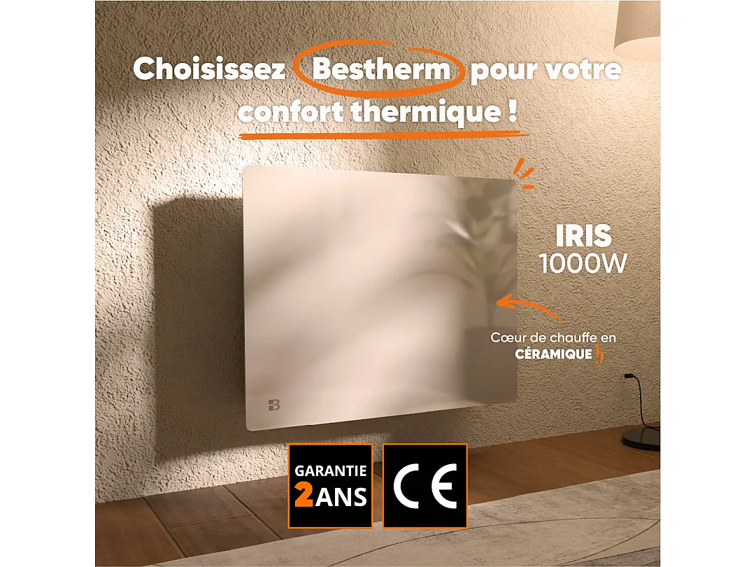 Radiateur électrique fixe à inertie sèche céramique façade en verre 1000W Bestherm IRIS horizontal blanc