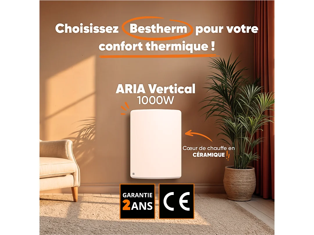 Radiateur électrique fixe à inertie sèche céramique 1000W Bestherm ARIA vertical blanc