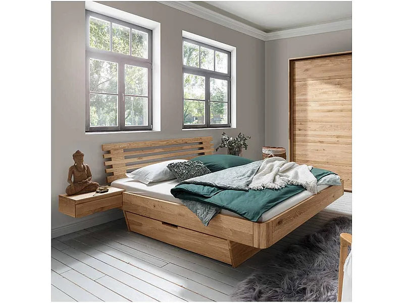 Doppelbett Stauraumbett inklusive zwei Nachtkommoden auf Schwebesockel (dreiteilig)