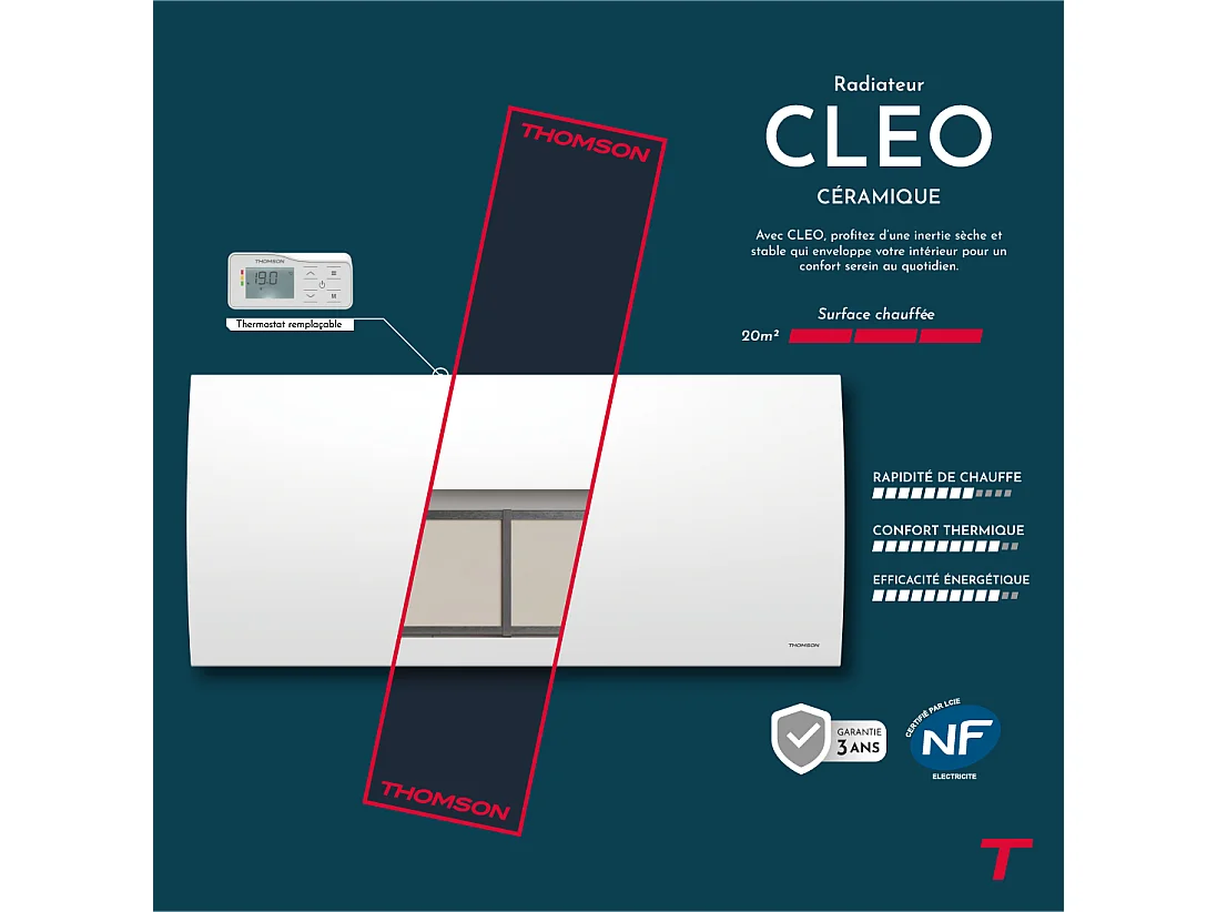 Radiateur électrique fixe à inertie sèche céramique avec thermostat interchangeable 2000W THOMSON CLEO horizontal blanc