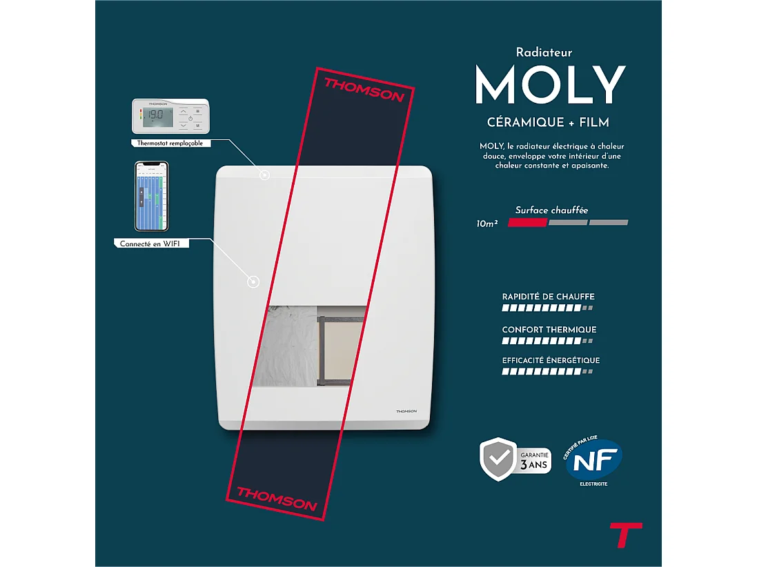 Radiateur électrique fixe connecté WiFi à inertie sèche céramique + film avec thermostat interchangeable 1000W THOMSON MOLY horizontal blanc