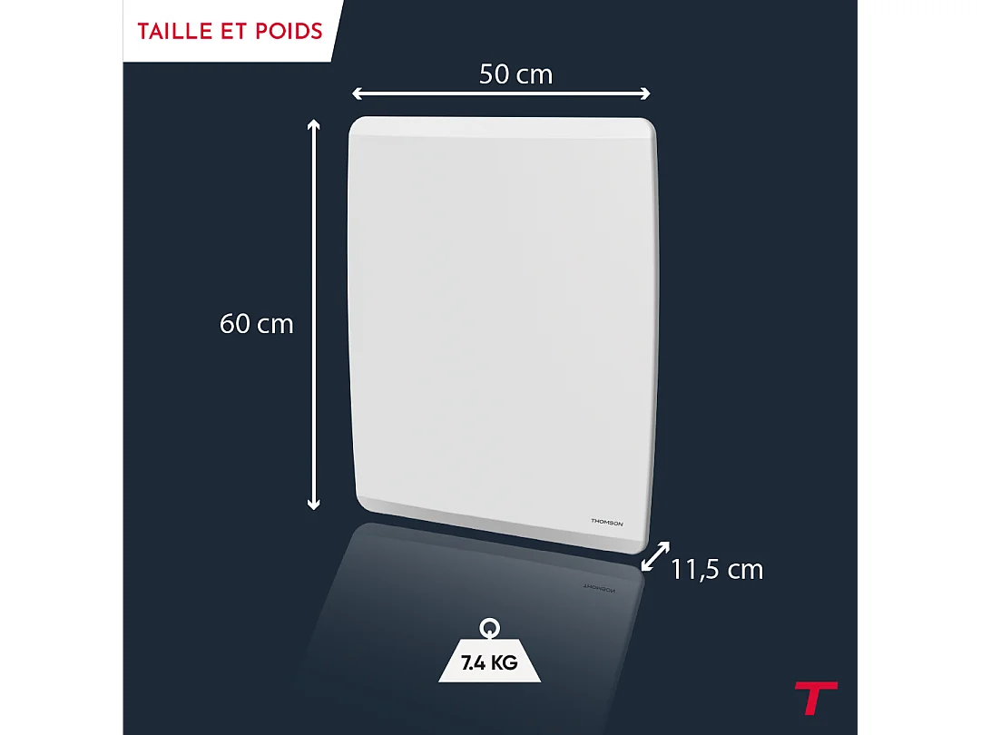 Radiateur électrique fixe connecté WiFi à inertie sèche céramique + film avec thermostat interchangeable 1000W THOMSON MOLY horizontal blanc