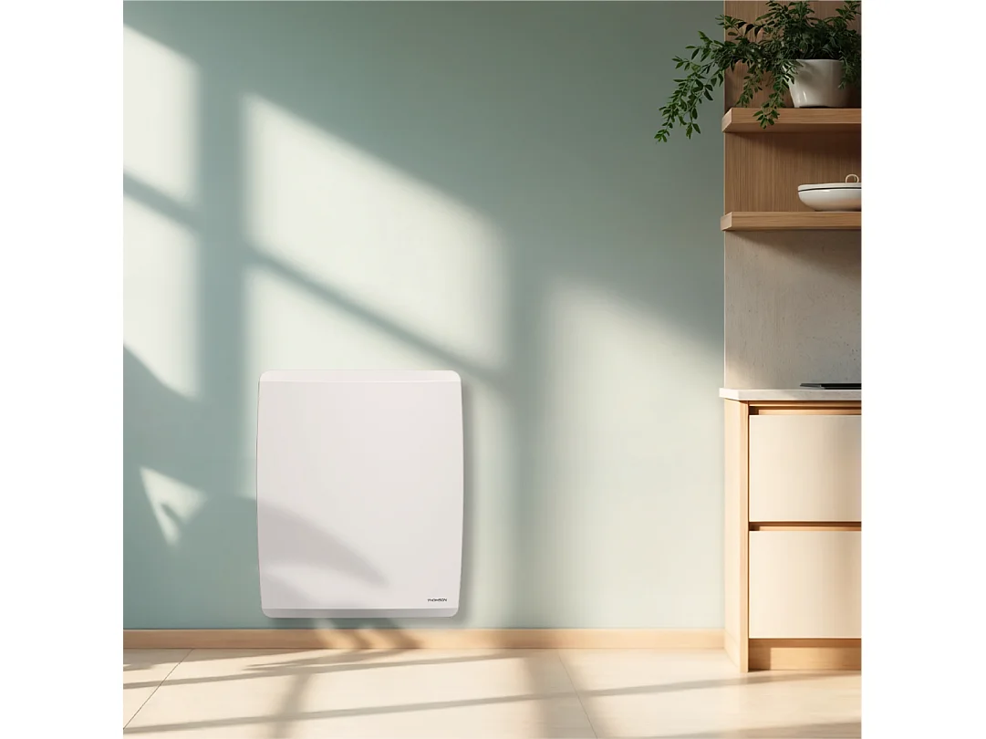 Radiateur électrique fixe connecté WiFi à inertie sèche céramique + film avec thermostat interchangeable 1000W THOMSON MOLY horizontal blanc