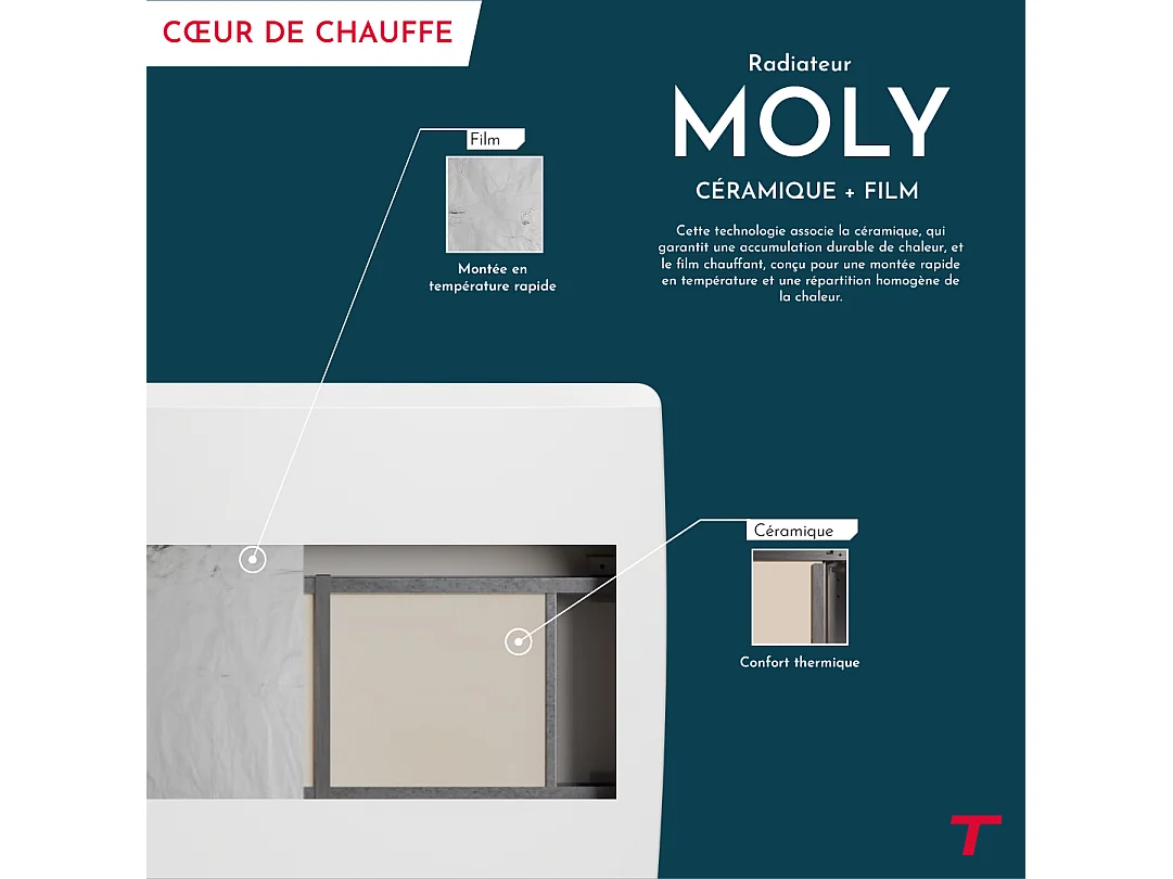 Radiateur électrique fixe connecté WiFi à inertie sèche céramique + film avec thermostat interchangeable 1000W THOMSON MOLY horizontal blanc